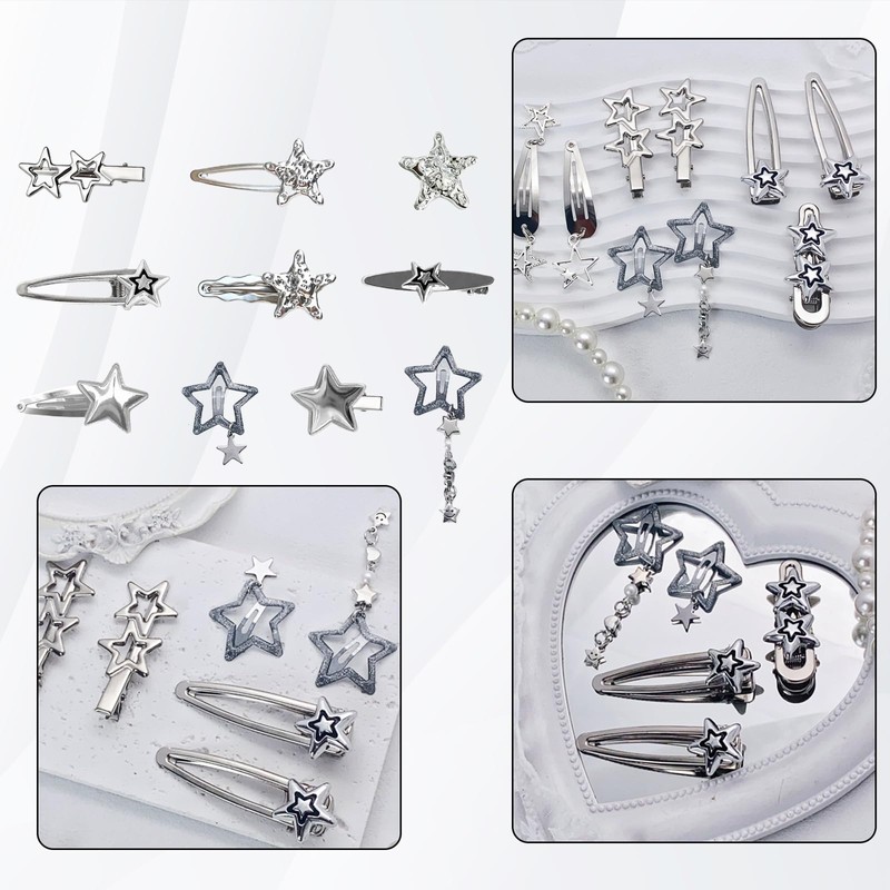 Silver Y2K Hair Clips for Women, Star Hair Clip, 10