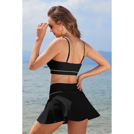 SHEKINI High Waisted Bikini Set for Women A-Line Swim Skirted Bottom Two Piece Swimsuits Beach Swimwear Scoop Neck Spaghetti Straps Bathing Suits Black