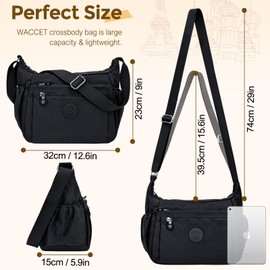 WACCET Women's Large Shoulder Bag, Waterproof Nylon Crossbody Bag with Adjustable Wide Shoulder Strap, Women's Handbag with Many Compartments, Lightweight Shoulder Bag for Travel, Work, black