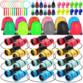 Foilswirl 12 Sets Mini Compact Binocular Compass Magnifying Glass Set Small Telescope Binocular with Whistle Bag for Bird Watching Hiking Outdoor Exploring Camping Travel (Mixed Color,Pine)