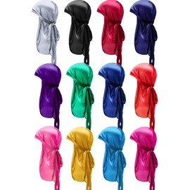 12 Pieces Silky Durag Caps Soft Long Tail Headscarf Elastic Wide Straps Headwraps for Women Men 12 Colors, Classic Assorted Colors