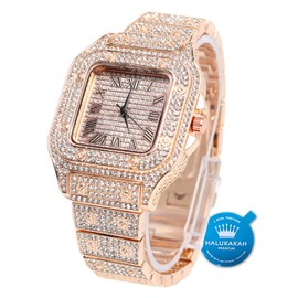 Halukakah Men's Diamond Watch ● King ● 18K Gold/Platinum Plated, Rhinestone Bracelet Handset Laboratory Diamonds, Choice of Cuban Chain Necklace Bracelet, Gift Box Available, rose gold watch, Bracelet