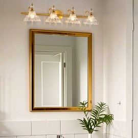 LOUSACE 4-Light Gold Vintage Bathroom Vanity Lights, Antique Brass Bathroom Lighting Fixture Over Mirror with Crystal Glass Shade, Retro Brass Vanity Lighting Fixtures Wall Sconce for Bathroom Bedroom