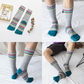 2 Pairs Cotton Toe Socks Five Finger Socks Winter Warm Long Calf High Athletic Casual Striped Seperated Socks for Men Boys