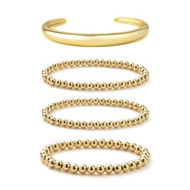 Starain Gold Beaded Ball Bracelets for Women Dainty Twisted Chunky Cuff Bangle Stackable Elastic Gold Bead Ball Bracelet Set