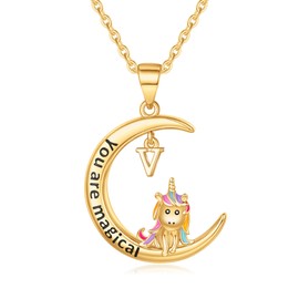 Unicorn Necklace Gifts - 14K Gold Plated Moon Pendant Unicorn Necklace for Girls Jewelry Letter V Initial Moon Unicorn Necklace for Girls Kids Moon Necklace Birthday Gifts Unicorns Gifts for Girls