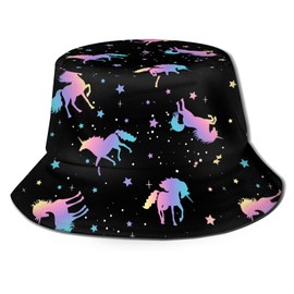 BAIFUMEN Bucket Hats Fashion Sun Cap Packable Outdoor Fisherman Hat for Women and Men, Black and White Cow Print, One Size(Unicorn and Star)