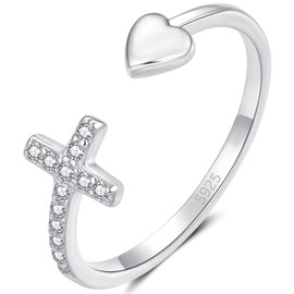 RoseJeopal 925 Sterling Silver Rings for Women, Adjustable Open Cross Ring Cubic Zirconia Heart Thumb Ring Religious Christian Gifts (silver)