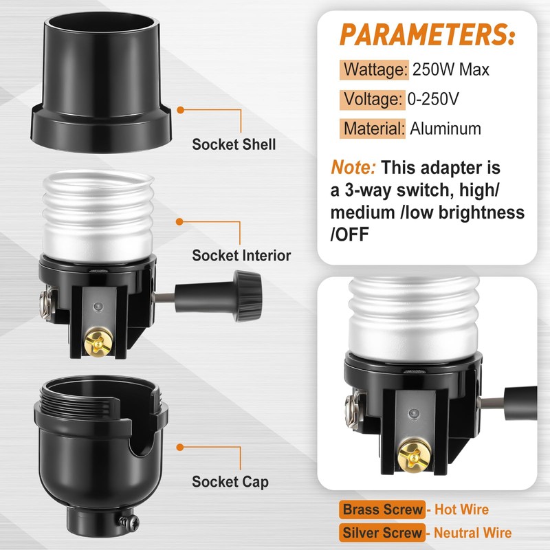 6 Pcs 3 Way Lamp Socket Replacement, UL Listed, E26