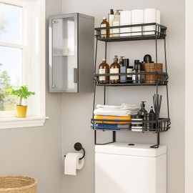 ShellKingdom Over The Toilet Storage Shelf, 3 Tier Toilet Paper Holder Stand Shelves, Punch-Free Bathroom Storage Rack with Hooks, Small Space Organizers for Bathroom, Home, Countertop, Black