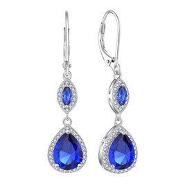 PYNZY Dangle Drop Earrings for Women, 925 Sterling Silver Earring 7×9MM Teardrop Created Sapphire Birthstones Wedding Earrings with Leverback Jewelry