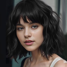 BUYOGET Wavy Bob Wig with Bangs Synthetic Hair Shoulder Length 12 Inch Short Curly Wigs for Women Natural Black