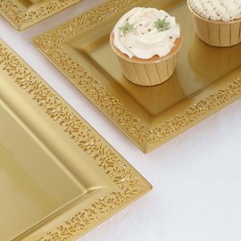 Efavormart 4 Pack | 14" Gold Lace Print Rectangular Plastic Serving Trays, Decorative Coffee Table Trays