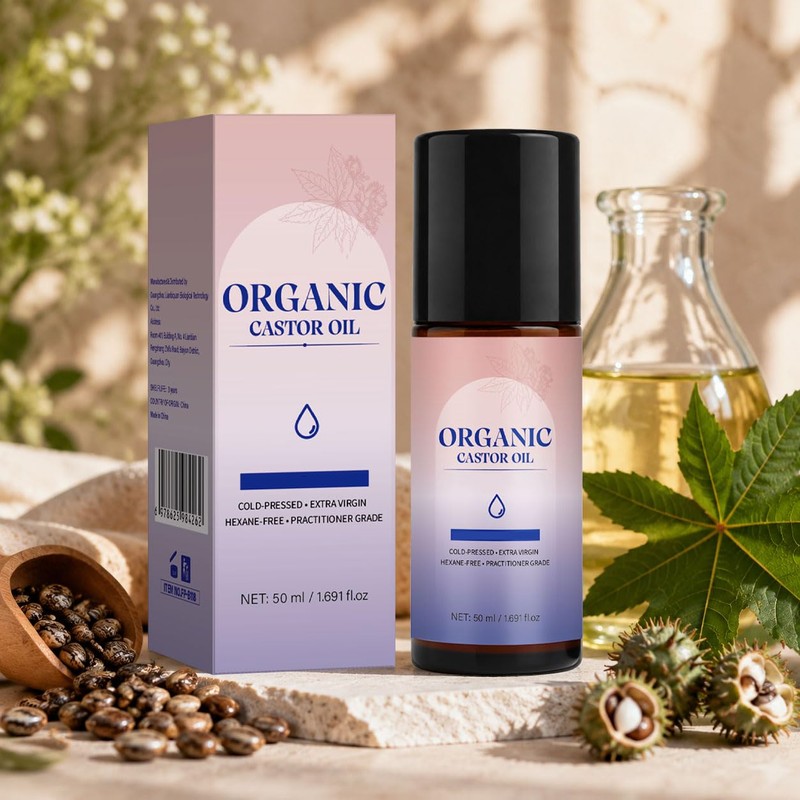 Organic Castor Oil Roll On Cold Pressed for Face,Hair,Brows, 1.7