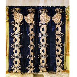 GOHD Spinning Singer. Clipped Voile. Voile Jacquard Window Curtain with Attached Fancy Valance and Taffeta Backing. 2pcs Set. Each pc 54 inch Wide x 90 inch Drop + 18 inch Valance. (Navy Blue)