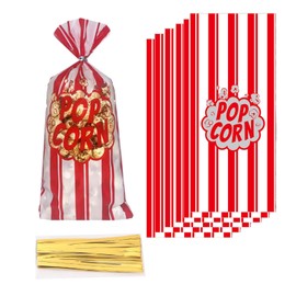50PCS Carnival Popcorn Bags Bulk Carnival Candy Bags Red and White Stripe Cellophane Treat Bags Goody Bags with a Roll of Red Ribbon for Party Favor Supply Cookie Cupcake Wrapping