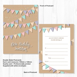 Olivia Samuel 20 x 60th Birthday Party Invitations - Pastel Bunting Design - Postcard Style - Ready to Write