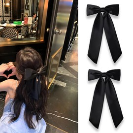 Silky Satin Hair Bows Hair Clips for Women Girls Black Ribbon Bows Hair Clip with Long Tai Bow Hair Ties for Women Barrette Hair Bows Clip French Big Hair Bow Clips Hair Bows Satin Bowknot 2PCS