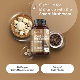 Lions Mane Supplement 2000mg with Black Pepper - 365 Vegan Tablets - 1 Year Supply - 50% Polyphenols - Alternative to Lions Mane Powder & Capsules
