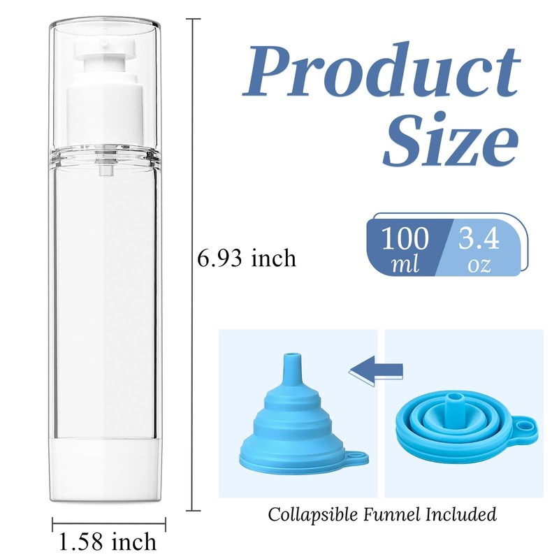 TUZAZO 6 Pack 3.4OZ/100ML Airless Pump Bottles, Clear Plastic Travel