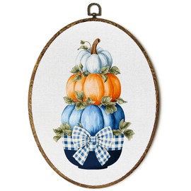 FSTCSV Blue Bow Fall Pumpkin Oval Wall Art Framed, Rustic Fall Pumpkin Canvas Prints Wall Hanging Art, Preppy Blue Pumpkins Autumn Oval Walls Decor for Living Room Home Bedroom, 8.8x11.5in