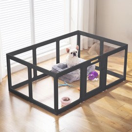 Clear Acrylic Dog Playpen Indoor, Puppy Cat Small Pet Play Pen, Pet Cat Foldable Playpen for Rabbits, Dog Fence Crate Kennel Whelping Cage (Black, 10 Panel)