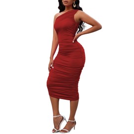 Women's Sexy One Shoulder Ruched Sleeveless Bodycon Red Dresses for Party Valentines Day Dinner Brithday Cocktail Club Wedding Guest Small