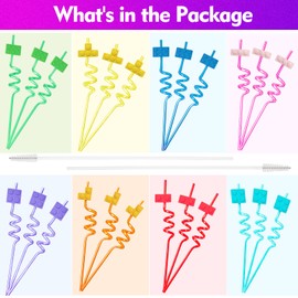 Pack of 24 Building Blocks Party Favours Straws, 8 Colours Reusable Straws for Children Adults Birthday Party Decoration Supplies with 2 Straws Cleaning Brush