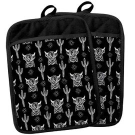 Western Highland Cow Pot Holders with Pockets, Western Cow Cactus Black Pot Holders Heat Resistant Oven Mitts Hot Pads for Kitchen Baking Cooking,Potholders for Kitchens