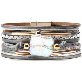 Fesciory Leopard Bracelet for Women, Boho Leather Wrap Multi-Layer Pearl Crystal Bracelet Bangle Jewelry(Gray Leather(Pearl))