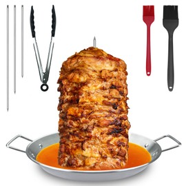 Vertical Skewer-Al Pastor Skewer for Grill, Stainless Steel Shawarma Pan, Vertical Spit with 3 Spikes(8”/10"/12”), Brushes & tongs, for Tacos Al Pastor, Kebabs Smoker Oven BBQ (13" base pan)