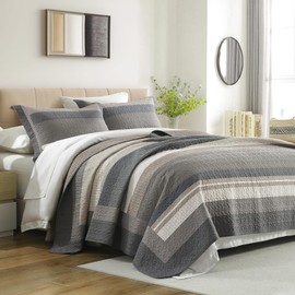 DUOHONG 100% Cotton Quilts King Size, King Quilt Bedding Set Bedspread, Striped Quilt for King Bed, 3 Pieces Farmhouse Reversible Lightweight Comforter Bed Spread, Brown/Beige/Taupe