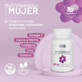 Vitaminas para Mujer - Multivitaminico Mujer - Compuesto con Omega 3, Vitaminas B C D, Colágeno y más - 30 Cápsulas 1 Mes de Suministro - Sin azucar S