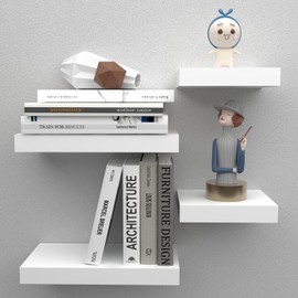 CANCHIC Floating Shelves for Wall, Small Wall Mounted Solid Wood Shelves with Heavy Duty Invisible Bracket for Living Room, Bedroom, Bathroom, Kitchen Decor and Storage, Matte White, 9/15 inch, 4 Set