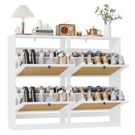 Rattan Shoe Storage Cabinet with 4 Flip Drawers, Freestanding Shoe Organizer, Hidden Narrow Shoe Rack Cabinet for Entryway Hallway Front Door, White