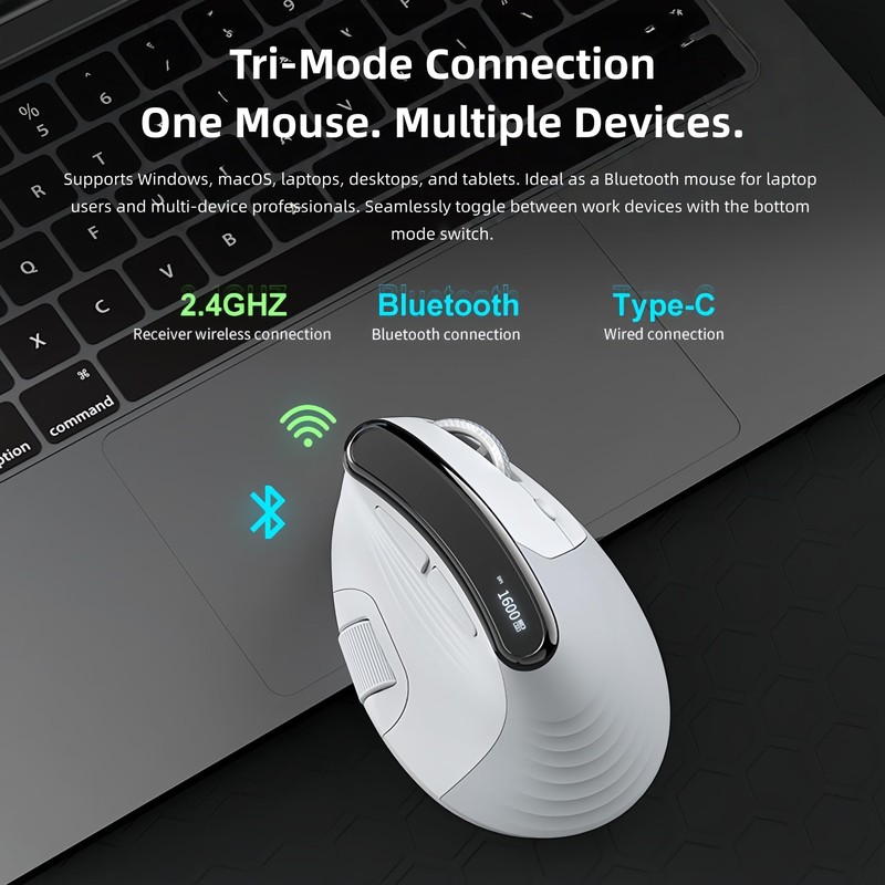MiniLuxis Ergonomic Vertical Mouse, Dual Scroll, Tri-Mode, OLED Display