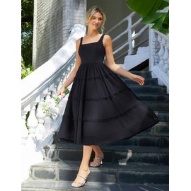 Summer Flowy Dresses for Women Midi Tulle Wedding Guest Fairy Dress Sleeveless Square Neck Ruffle Casual Dress Black L