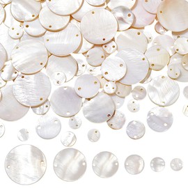 AHANDMAKER 120Pcs Flat Round Shell Beads, 6 Sizes Shells Pieces with 2 Hole Natural Capiz Shell Charms Ocean Cabochons Beads for Wind Chimes Jewelry Making Wedding Home Decor Hanging