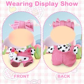 Xerteam Pink Doll Clothes for 17cm Plush Monster Dolls, Sweet Doll Outfits Set with Polka Dot White Top, Rose Red Overalls, Bow Hairpin, Dolls Clothes Accessories for 17cm Doll, Boys Girls Gift