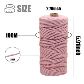 SUNTQ Macrame Cord 4-Strand Twisted Cotton (3mm x 328 Feet) Soft Cotton Rope for Handmade Plant Hanger, Wall Hanging, Crafts, Knitting, Decorative Projects Cotton String, Colour Pink