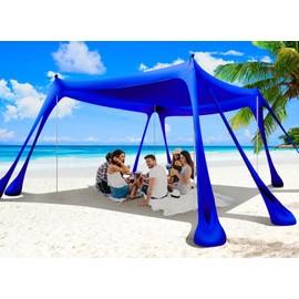 Wabolay Beach Tent Sun Shelter 10x10ft Beach Canopy Easy Pop Up Sun Shade Portable UPF50+ with 8 Sandbags-2 Sand Shovel-4 Aluminum Poles-Ground Pegs for Outdoor Family Camping Fishing Backyard Picnic