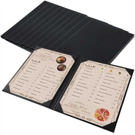 FLKQC Restaurant Menu Covers Holders 8.5" X 11" | Pack of 10 Synthetic Leather Double View Menu Holder Covers Book Style with Angled Corners Black for Wine List (10, 2 View (8.5" x 11"))