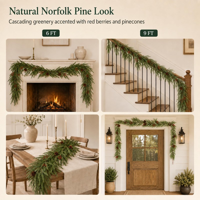 6FT Artificial Christmas Garland, Norfolk Pine with Berries and Pinecones