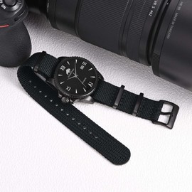BISONSTRAP Nylon Watch Straps for Men, One-Piece Military Watch Bands, 20mm, Black (Black Buckle)