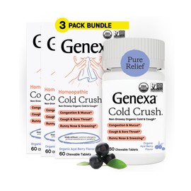 Genexa Genexa Cold Crush | Multi-Symptom Cough & Cold Relief for Adults | Delicious Organic Acai Berry Flavor | Certified Organic & Non-GMO | Homeopathic Remedy Made Clean | 180 Chewable Tablets (3 Pack)