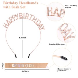 WOVOWOVO Birthday Crowns Sash for Women Girls Rhinestone Headbands Rose Gold Headpieces Glitter for Party Decoration Princess Birthday Gifts