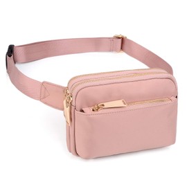 UTO-Fanny-Pack-for-Women-Belt-Bag Waterproof Nylon Fashion Slim Lightweight Waist Pack with 3 Zipper Pockets Pink CA
