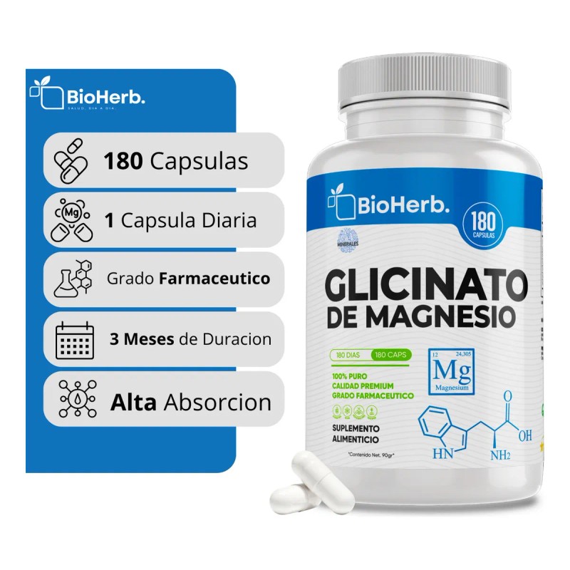Glicinato De Magnesio 100% Puro Bioherb 180 Cápsulas 500mg Sabor