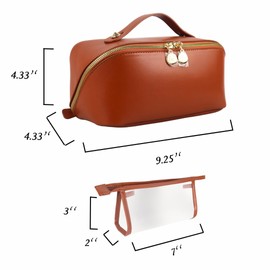 Large Capacity Travel Makeup Bag Organizer Set – Includes Transparent Pouch & Dust Bag – PU Leather Cosmetic & Toiletry Case for Women – With Dividers, Handle & Portable Design – [Full Brown]