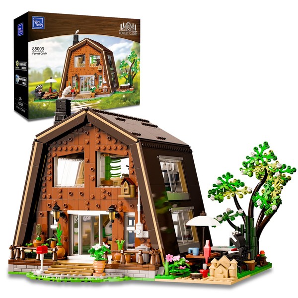 Wood-Cabin Building Set, A-Frame Cabin Building Bricks Set, Pantasy Buildable House with Outdoor Pool and BBQ Model Building Kit, Construction Building Set for Adults and Teen